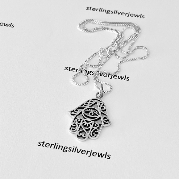 Silver Hamsa with Evil Eye Necklace, Hand of Fatima Chain, Religious Necklaces - Picture 8 of 11